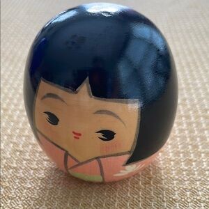Kokeshi Doll with Black Hair and Pink Kimono